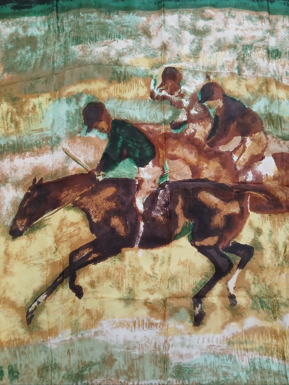 Vintage Horse Racing Silk Scarf - Green and Brown hand rolled edges - Picture 5 of 6